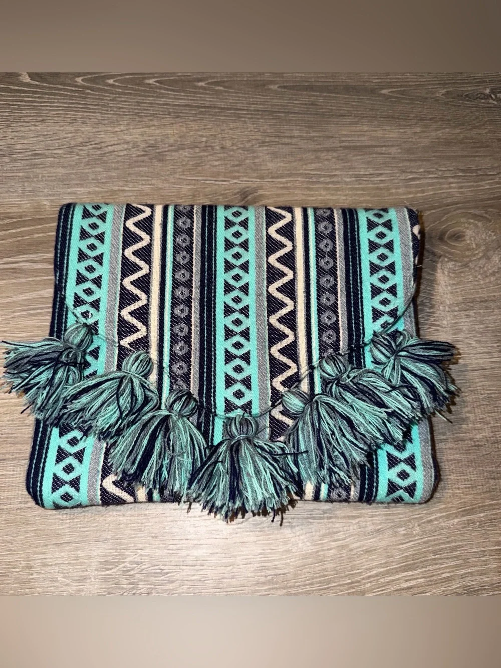Mud Pie blue woven tassel fringe envelope clutch boho bag purse